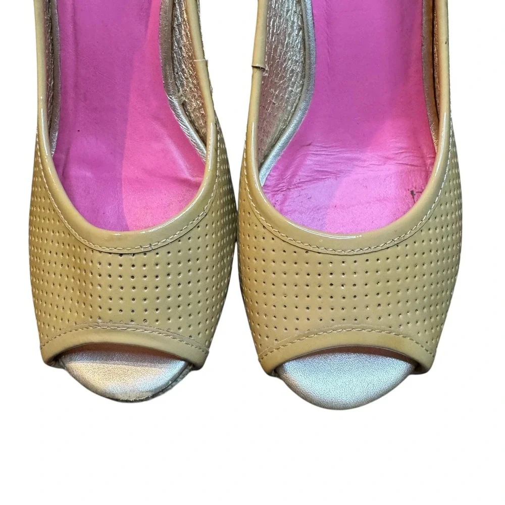 Lilly Pulitzer Shoes Womens Size 7 Beige Leather Peep Toe Espadrille Wedge Heels
